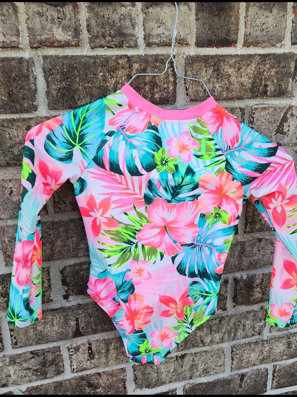 wonder nation Girls' Long-Sleeve Floral Rash Guard Swimsuit - Pink, Green, Blue